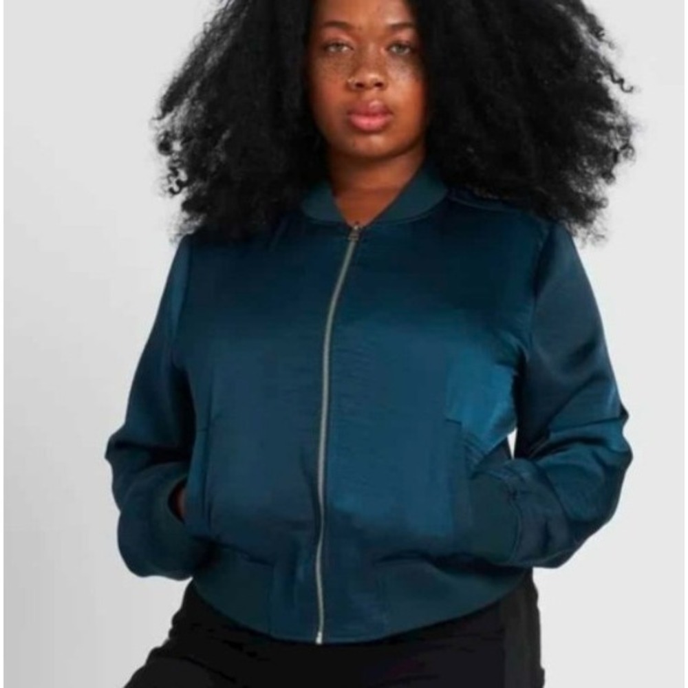 NWT Universal Standard  Satin Bomber Jacket Deep‎ Sea Green Street Women SZ XS